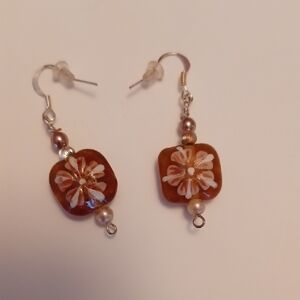 Brown Floral Glass Drop Earrings with Pearl Accents...3 Prs for 20.00